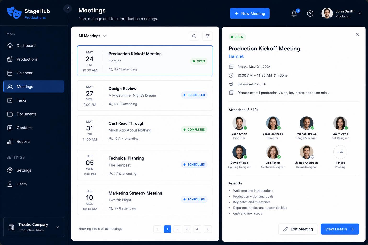 Meetings interface screenshot